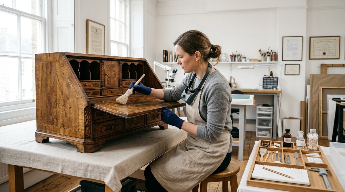 Restoration professional inspecting an antique wooden cabinet with a soft brush in a bright studio