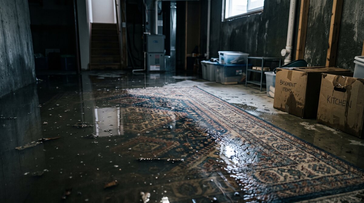 Area Rug in Basement Flood Water Patterned wool area rug partly submerged in standing flood water in a Calgary basement