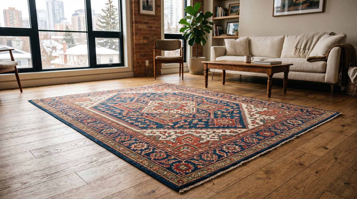 Clean, restored, vibrant wool area rug laid flat in a bright Calgary living room after water damage restoration