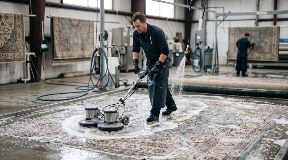 Area rug being professionally washed and rinsed flat with water and brushes in a rug cleaning facility