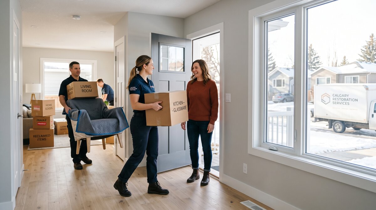 Movers returning restored household belongings into a freshly repaired Calgary home during the pack-back phase