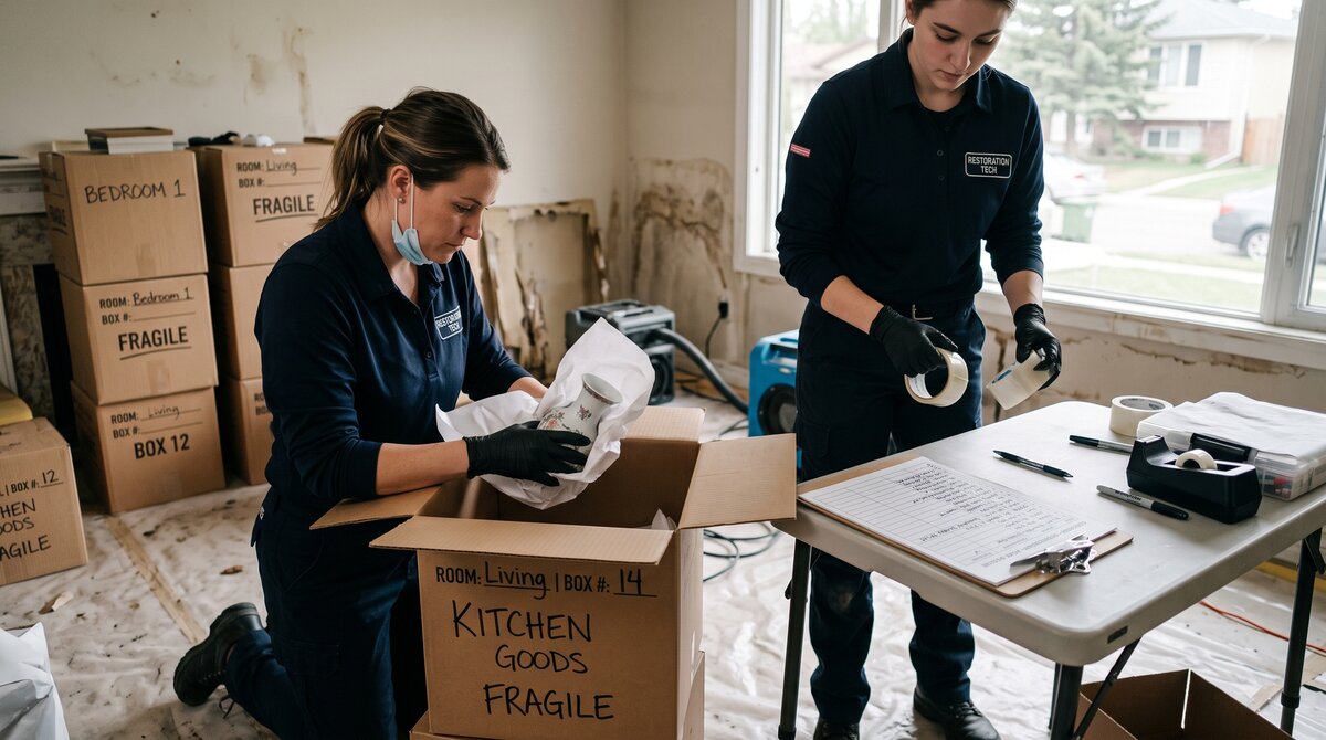 Contents restoration technicians packing household belongings into labelled boxes during a Calgary pack-out