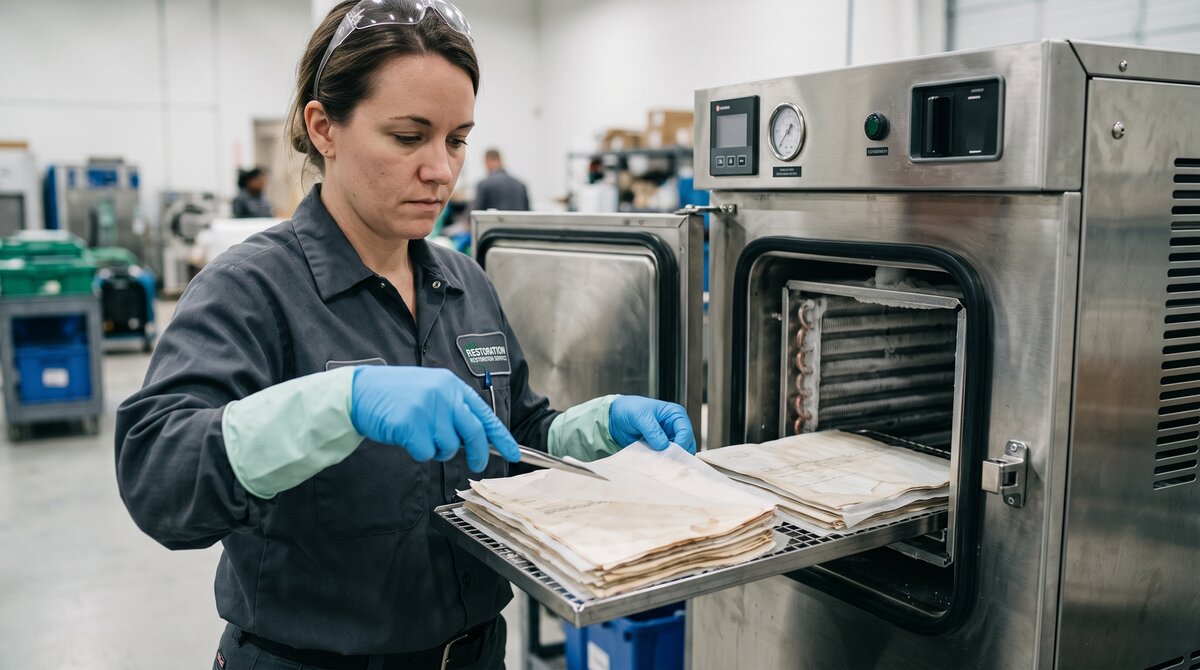 Technician placing wet documents with wax-paper interleaving into a freeze-drying chamber during document restoration