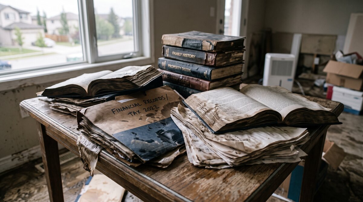 Water-damaged documents, books, and file folders soaked and warped on a table in a Calgary home after a flood