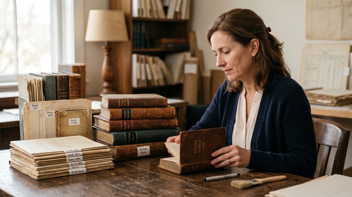 Clean, dry, restored documents and books neatly catalogued on a table as a person reviews a recovered family record