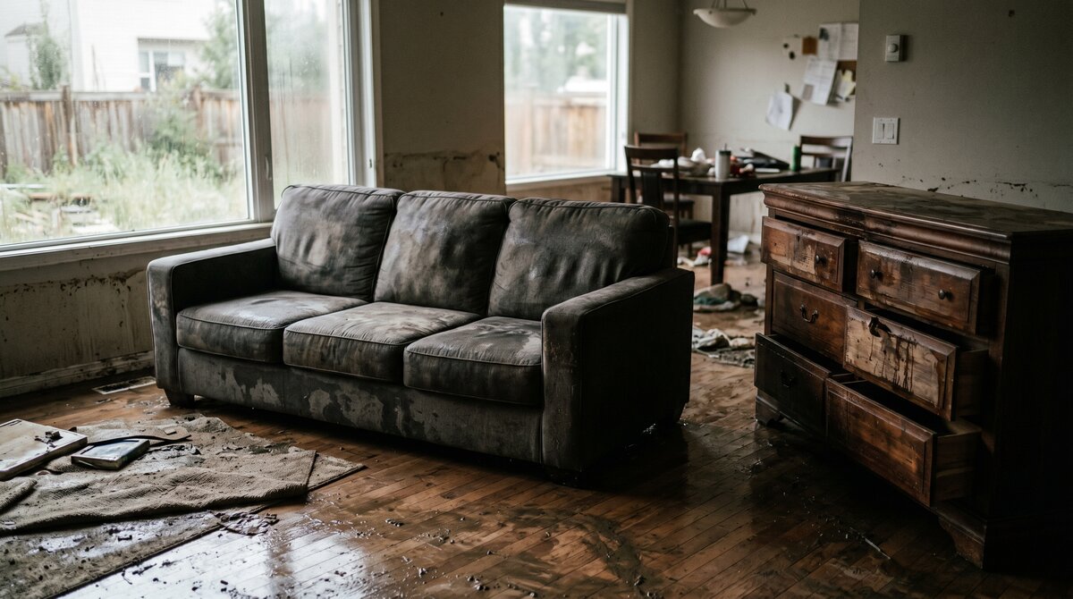 Water-Damaged Furniture After a Flood Water-damaged upholstered sofa and swollen wooden dresser in a Calgary home after a flood