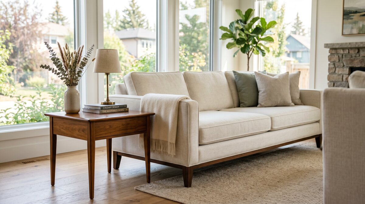 Beautifully restored upholstered sofa and polished wooden table in a bright Calgary living room