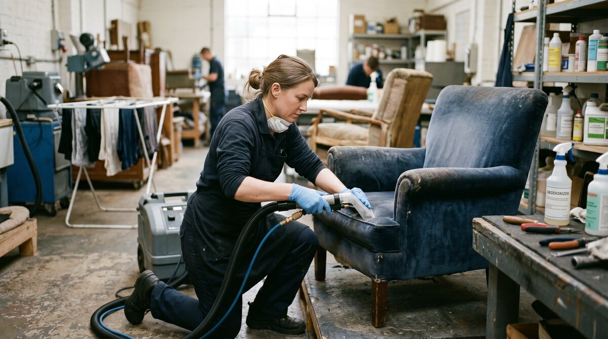 Restoration technician cleaning and deodorizing an upholstered armchair with professional equipment in a workshop