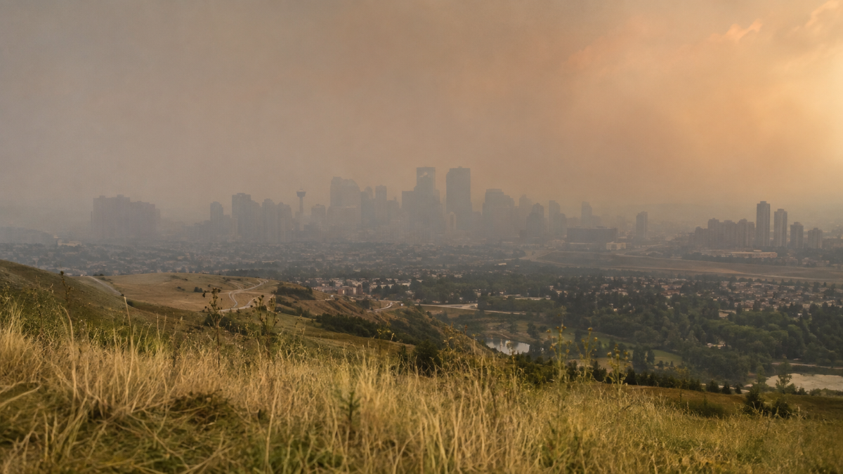 Wildfire smoke haze over Calgary skyline seen from Nose Hill Park during Alberta wildfire season