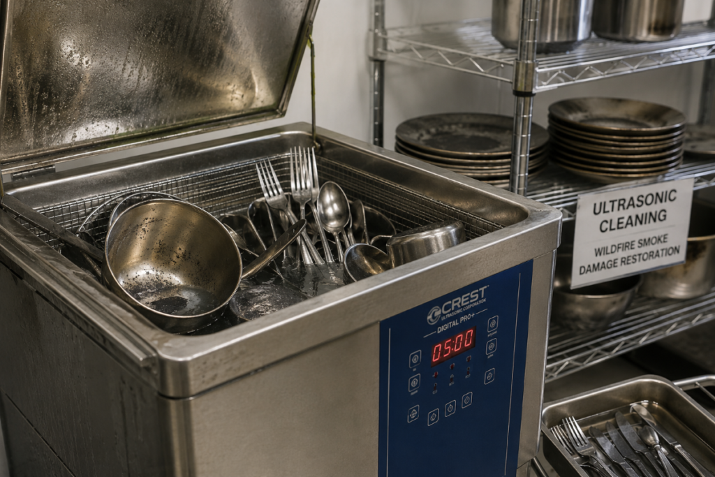 Kitchenware being loaded into an ultrasonic cleaning tank after wildfire smoke damage in Calgary