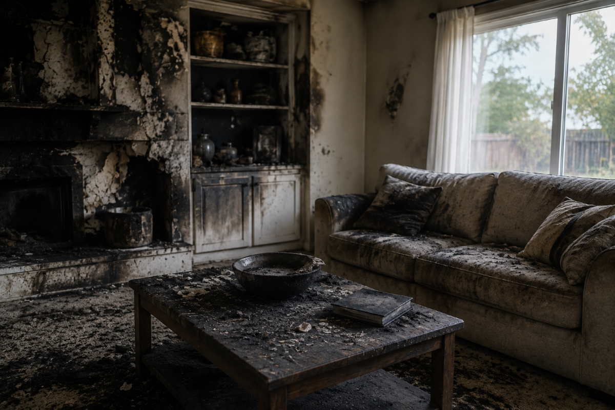 Calgary homeowner reviewing a contents insurance claim inventory with an adjuster after a house fire