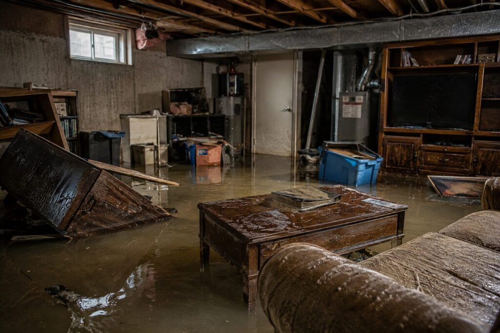 Damaged household belongings in a Calgary basement after an overland flood
