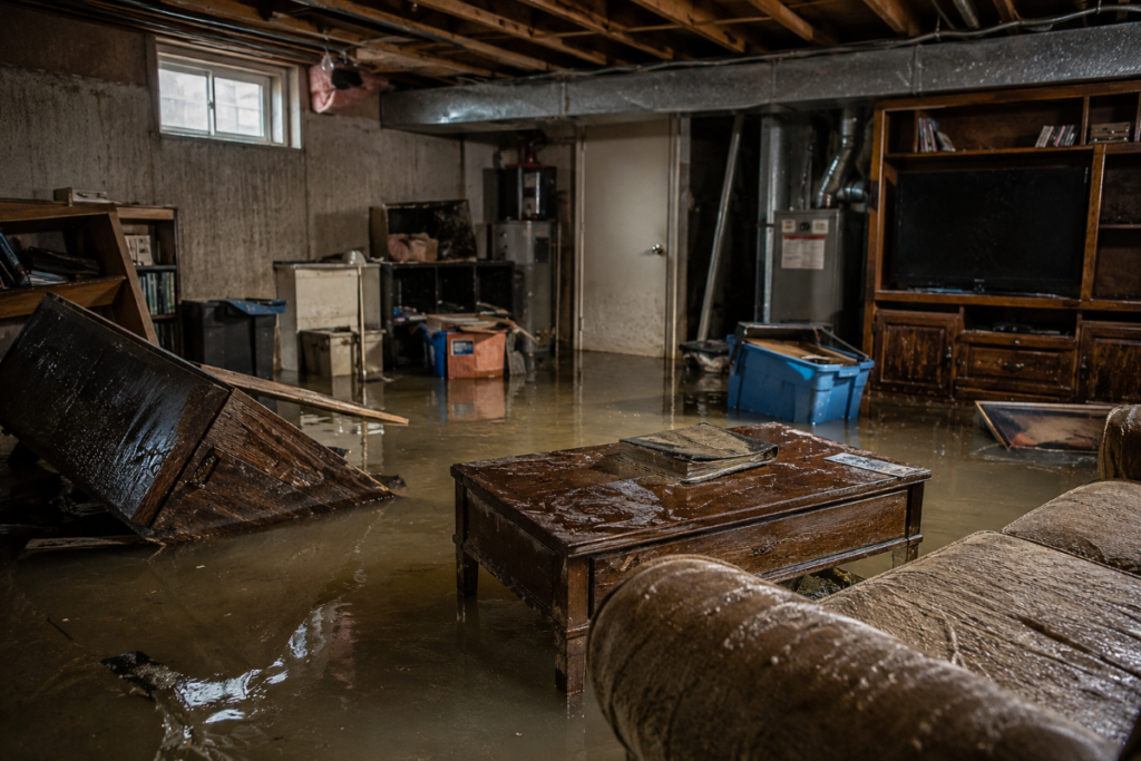 Damaged household belongings in a Calgary basement after an overland flood