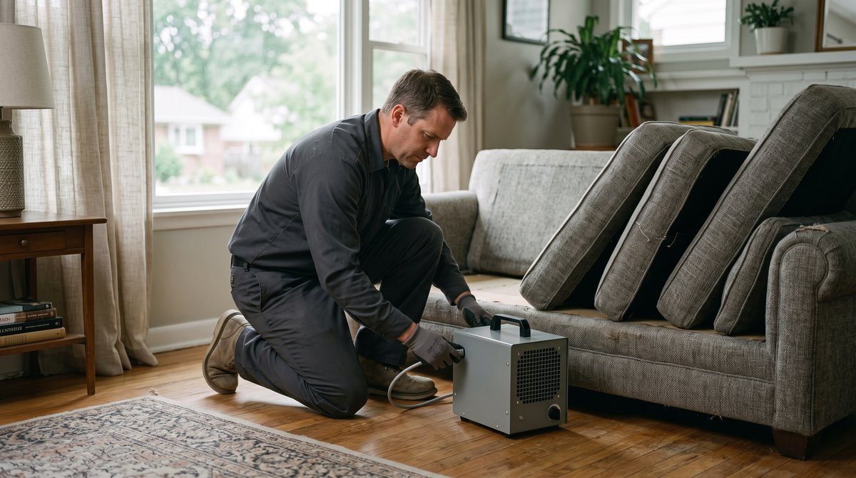 Restoration technician setting up a hydroxyl generator beside a grey sofa to remove set-in smoke odour from the upholstery