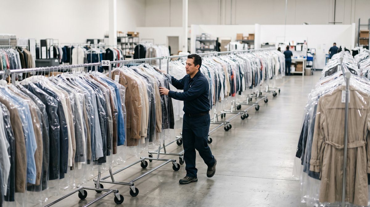 Restored Clothing Hung on Racks After a Flood Rows of cleaned and restored clothing hanging on rolling garment racks inside a contents restoration facility after a flood