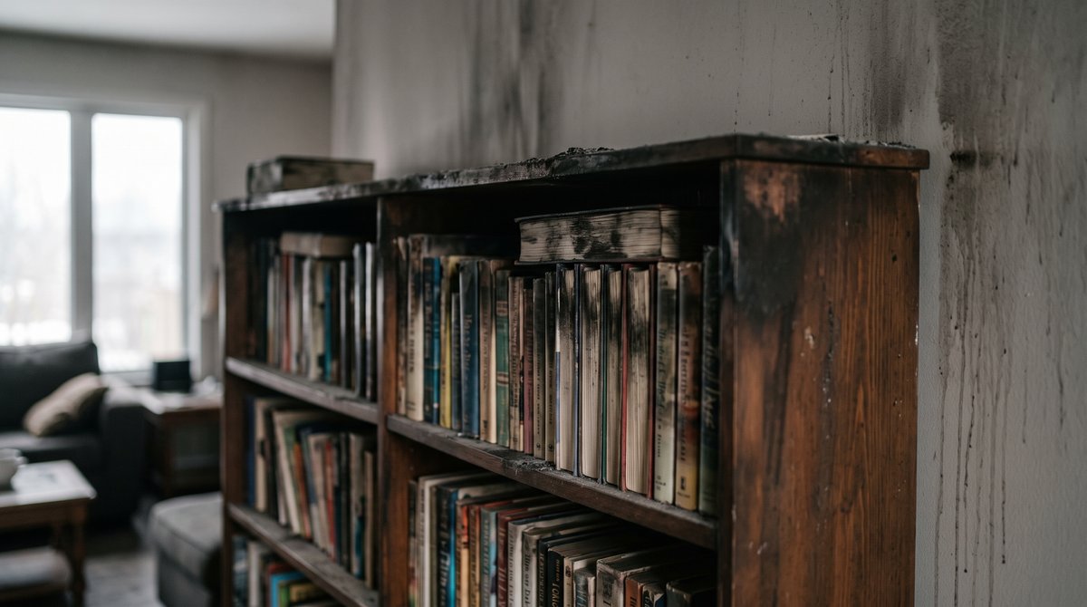 Hardcover and paperback books on a wooden bookshelf with grey soot on the spines and top edges after a house fire