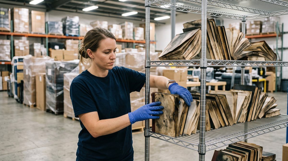 Restoration technician placing cleaned and deodorized books onto metal shelving inside a contents restoration warehouse