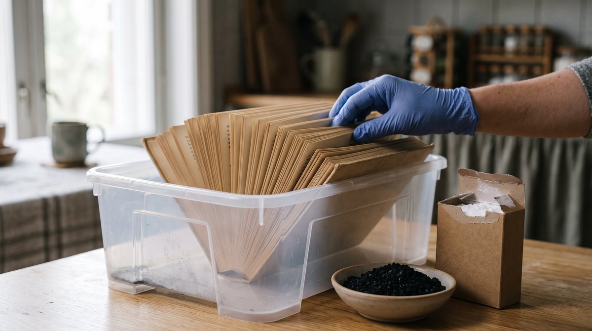 Hardcover book fanned open inside a clear plastic tub beside a dish of activated charcoal to absorb smoke odour