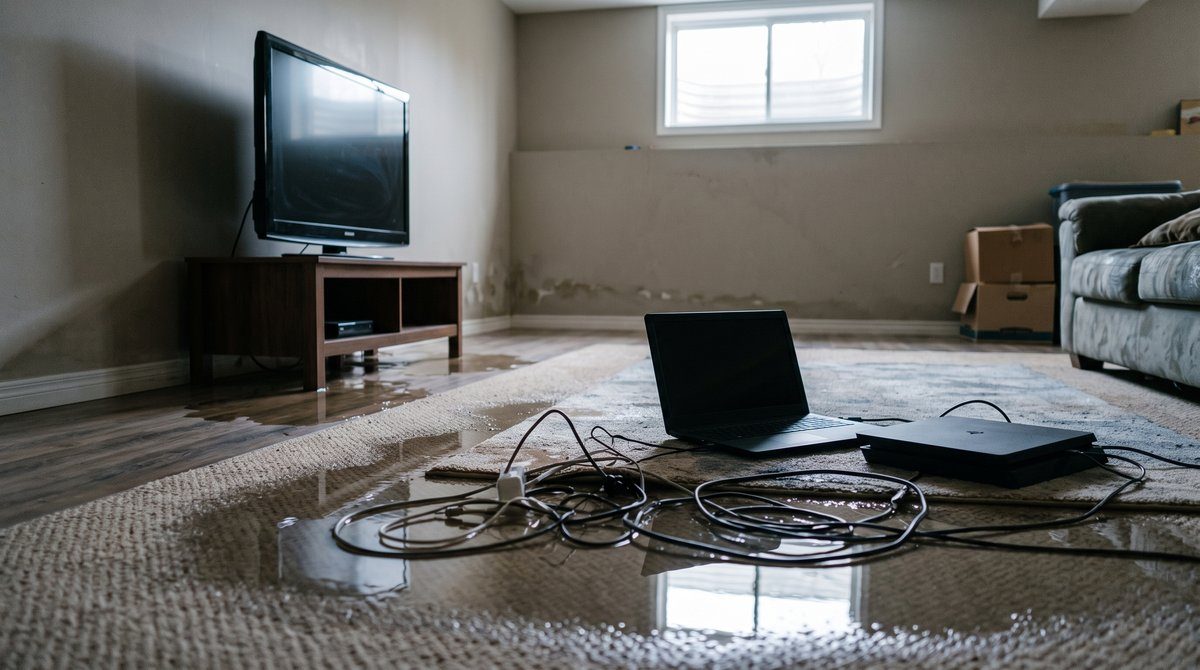 Water Damaged Electronics in a Flooded Basement Laptop, game console and flat-screen TV sitting in shallow water on a flooded basement floor after a leak in a Calgary home