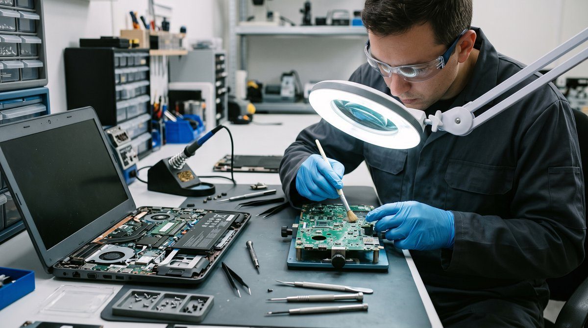 Technician Cleaning a Water Damaged Circuit Board Electronics restoration technician in gloves cleaning corrosion residue from a circuit board with a brush at a workbench