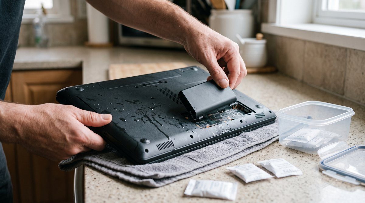 Removing the Battery From a Water Damaged Laptop Hands removing the battery from a wet laptop on a towel beside silica gel packets in the first hour after water damage